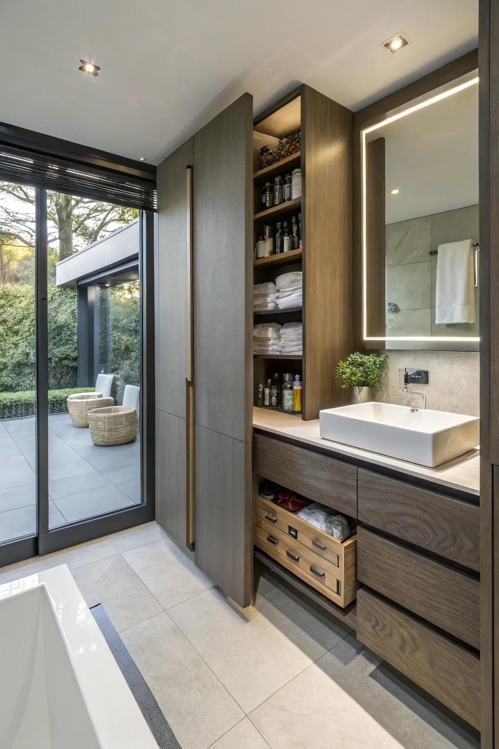 A contemporary bathroom featuring concealed storage solutions for a clean aesthetic.