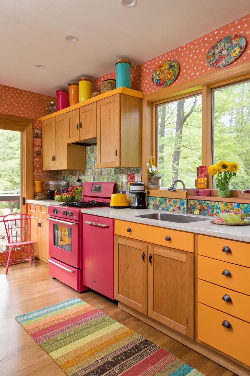 A lively kitchen with birch units and vibrant color contrasts for an energetic feel.
