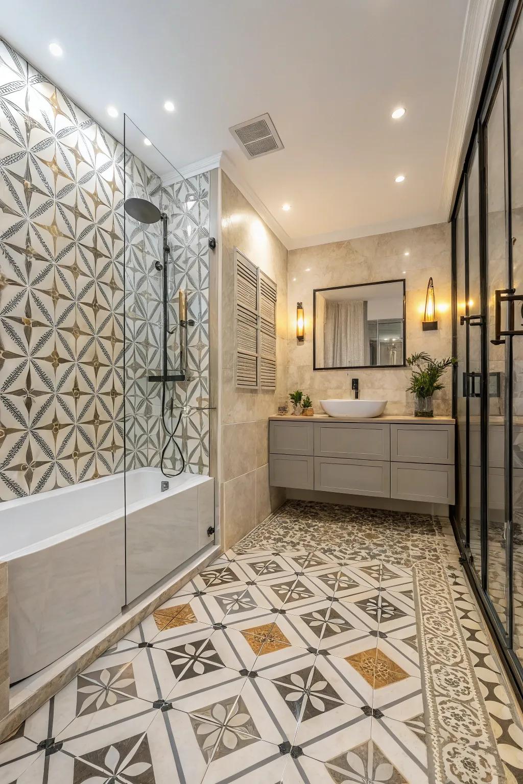 Bold geometric patterns in artificial marble stone surfaces showcase modern design flair.