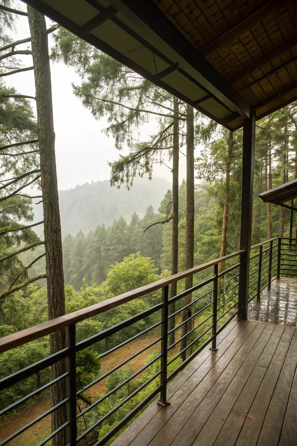 Balcony featuring railings crafted from recycled materials, set against a forest backdrop