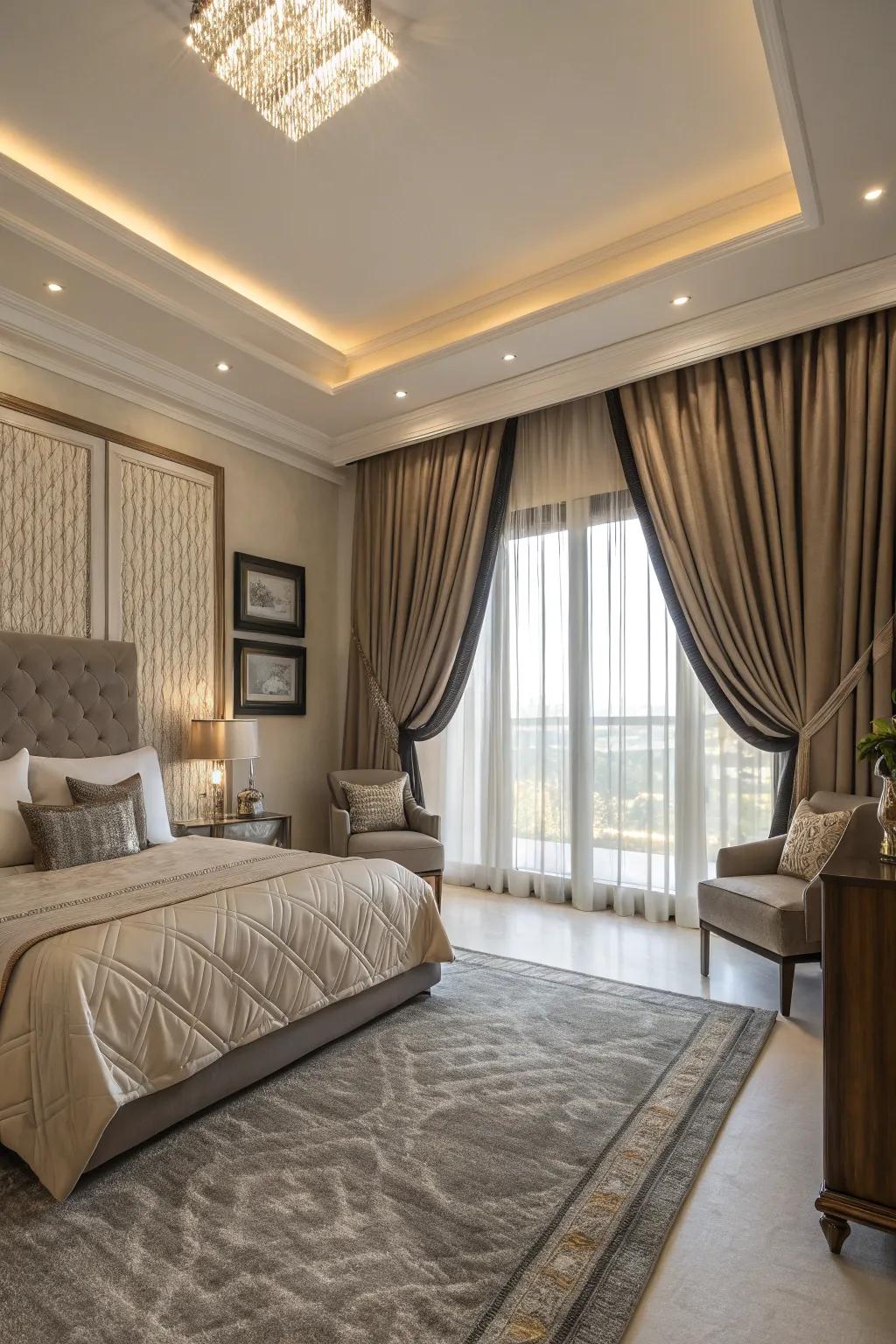 Customized window dressings add a bespoke touch to this bedroom.