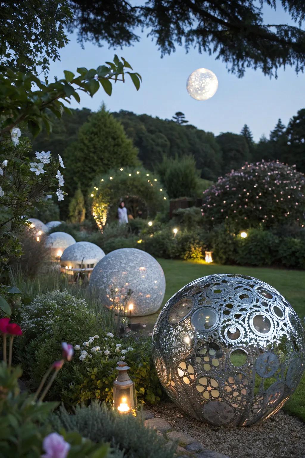 Garden art pieces mirror moonlight and amplify charm.