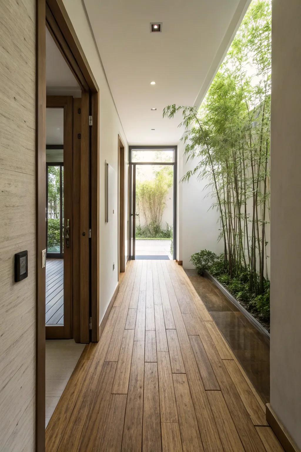 Reed surfacing offers a sustainable and modern option for slender hallways.
