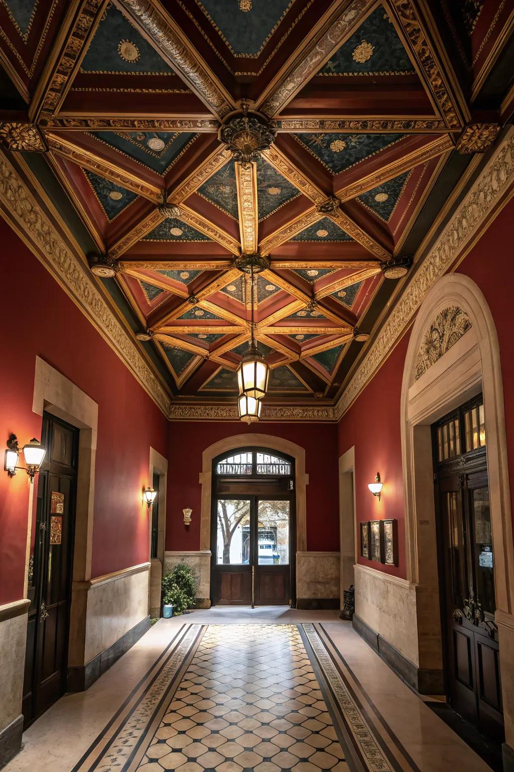Ceiling designs enhance dimension and offer an unexpected element of surprise within the entryway.
