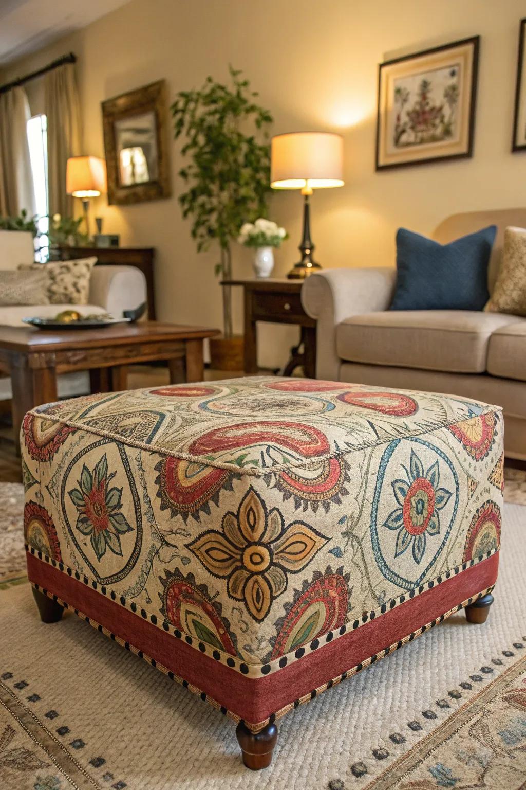 An ottoman with a unique design acts as a bold statement piece.