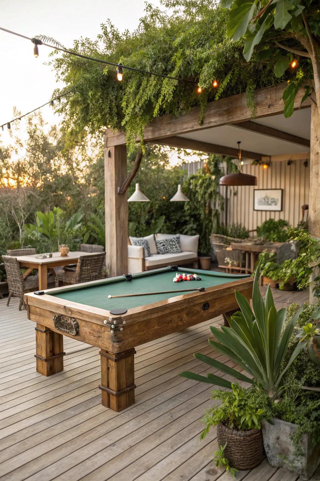 An eco-conscious game table area featuring repurposed timber and natural decor.