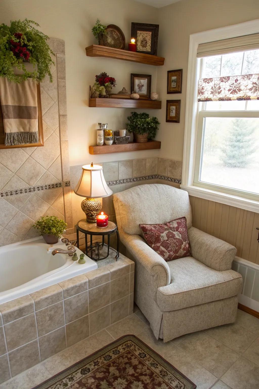 Personalized nooks offer comfort and functionality in bathrooms.