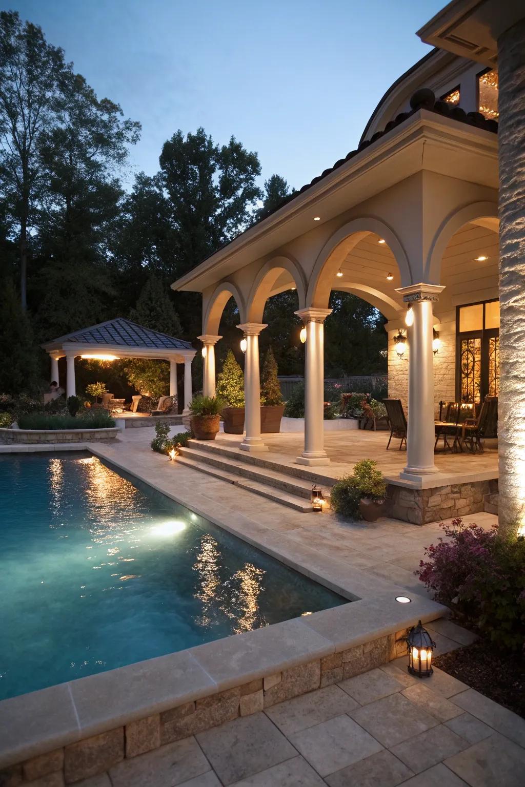 Integrated lighting begets a fluid shift connecting home and pool.