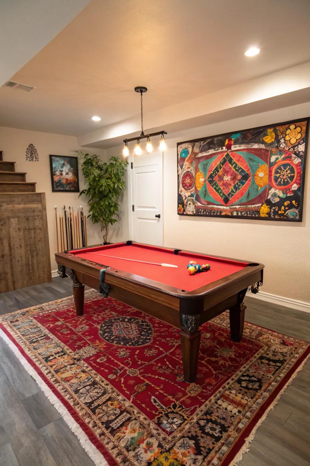 Bold accents add vibrancy and energy to a small pool table room.