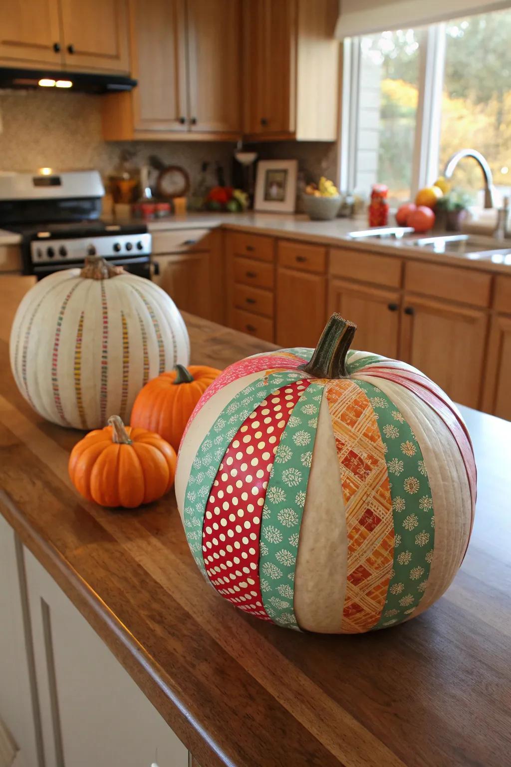 Pumpkins decorated with tape displaying radiant patterns.