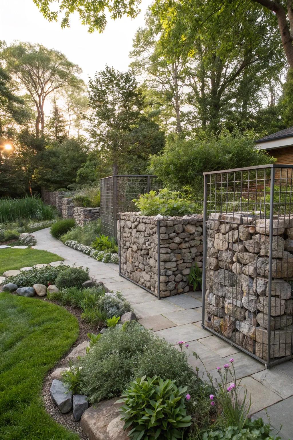 Gabions filled with rocks offer architectural interest.