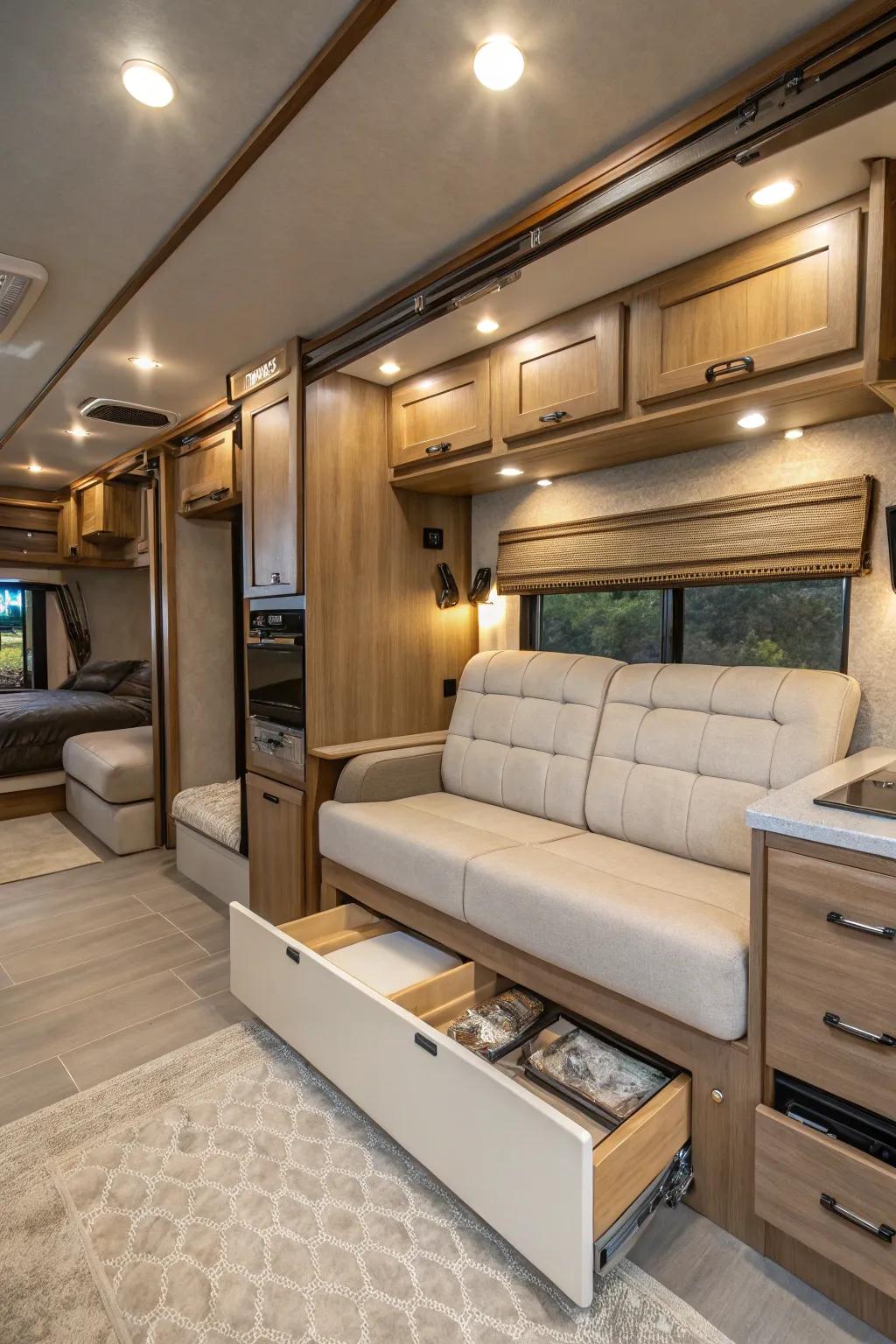 Convertible furniture provides dual-purpose storage solutions.