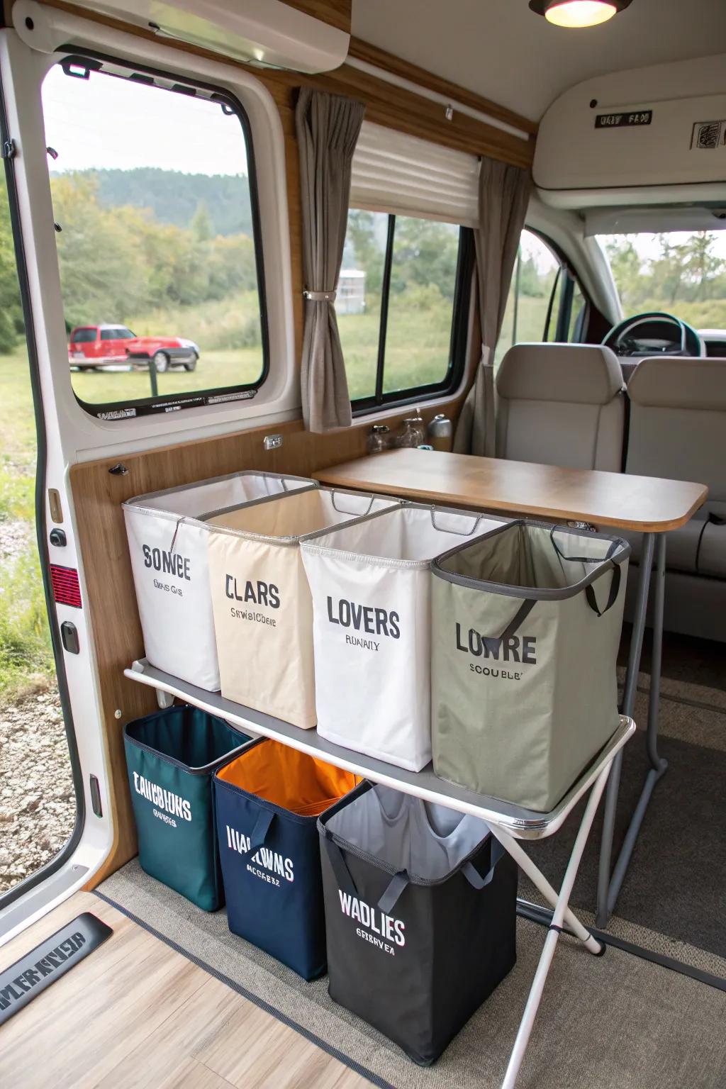 Shade-coded receptacles making linen sorting simple in an RV.