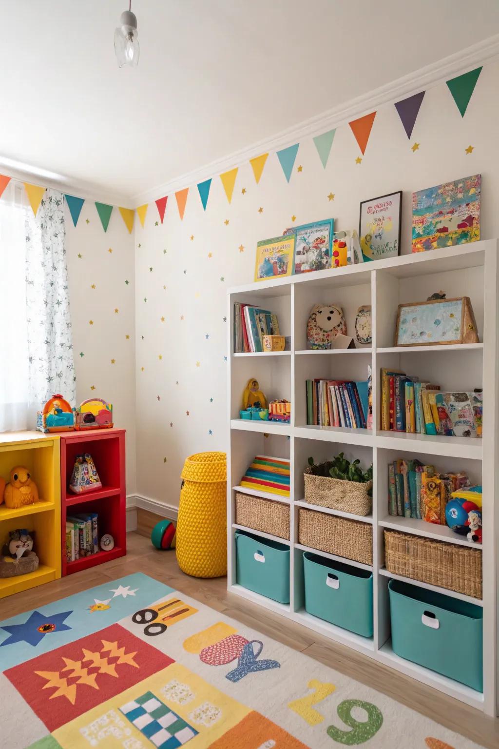 Kids' area with vibrant shelves for a playful look.