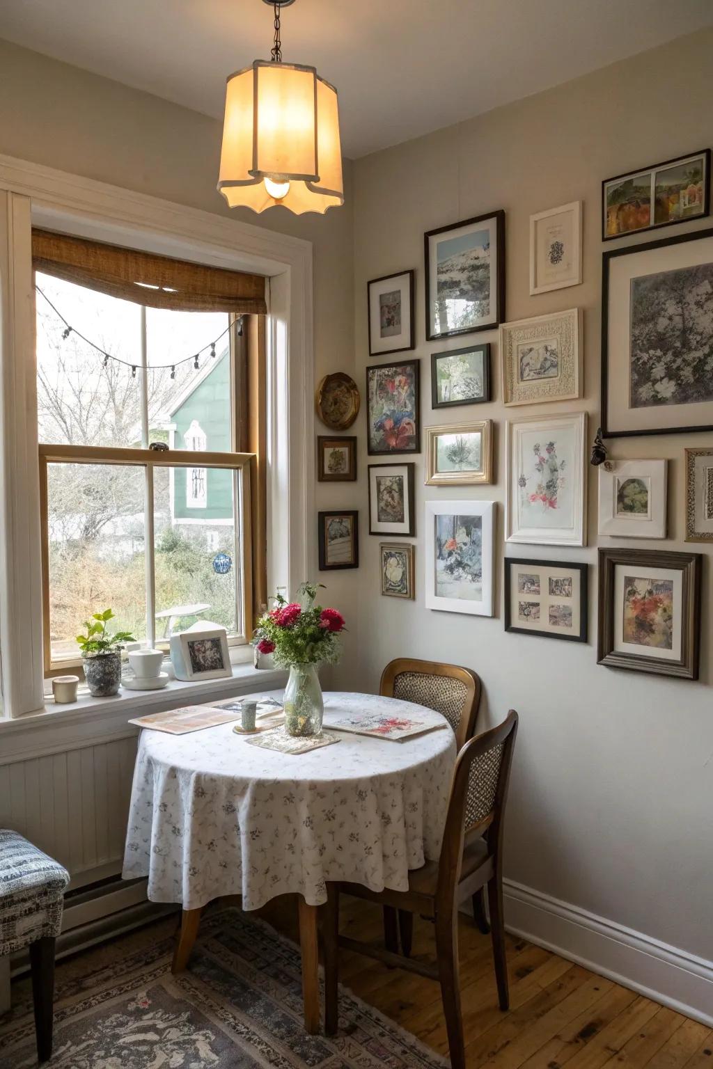 A picture arrangement frames the window beautifully, adding character to the space.