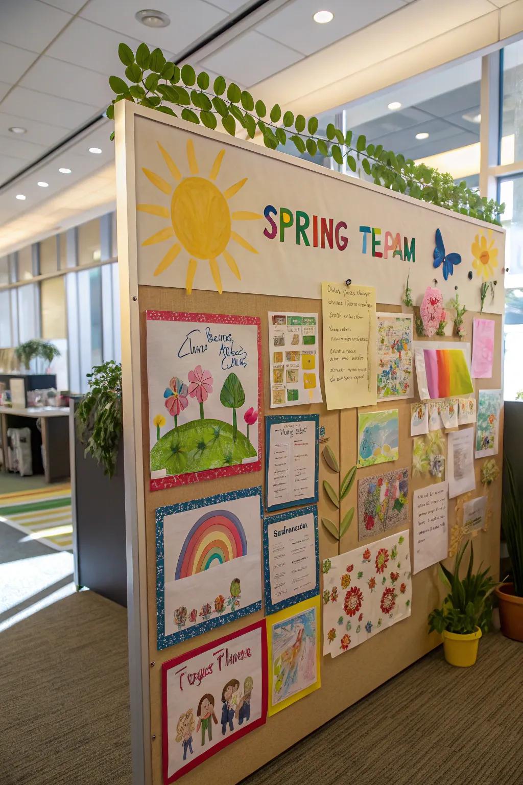 A miniature art showcase pinboard featuring seasonal-themed artwork by colleagues.