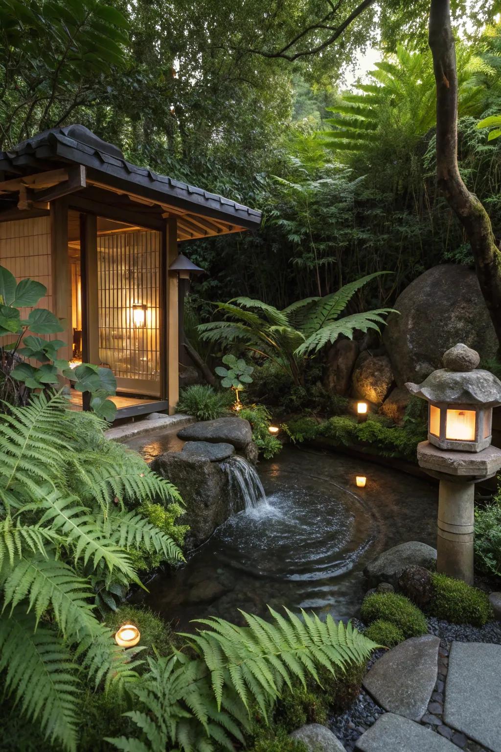 A contemplation nook featuring calming flora provides a serene area for relaxation.