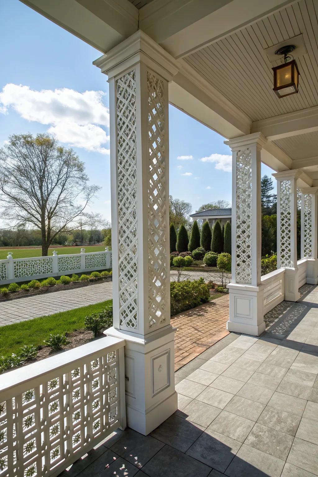Lattice designs on rectangular pillars add intricate elegance.