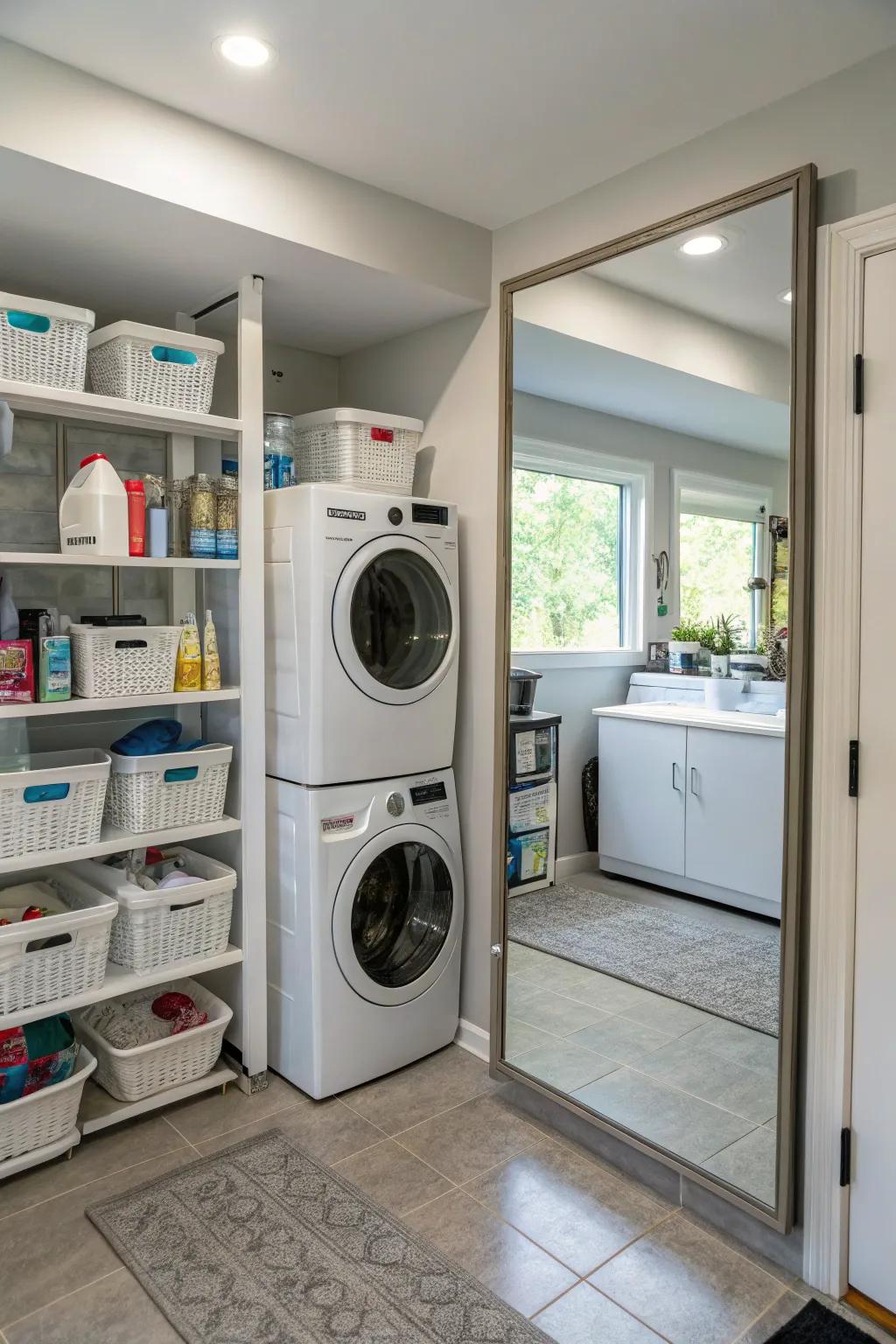 A reflective surface can cause your laundry room to seem more spacious and open.