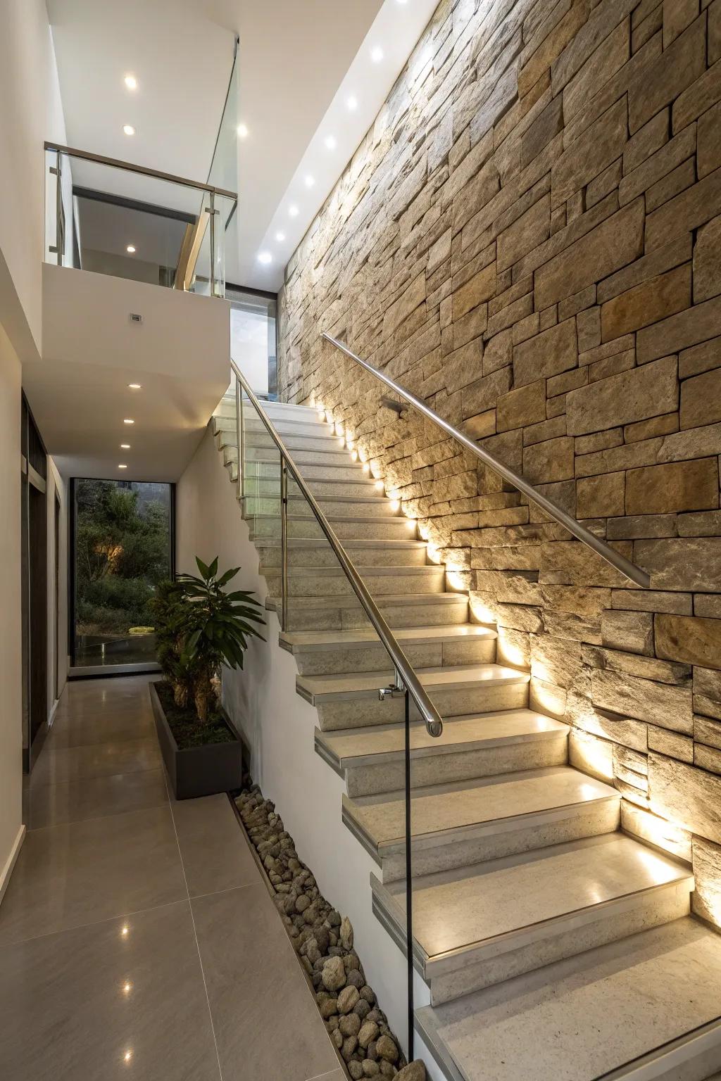 Rock facing introduces a durable, organic texture to your staircase.