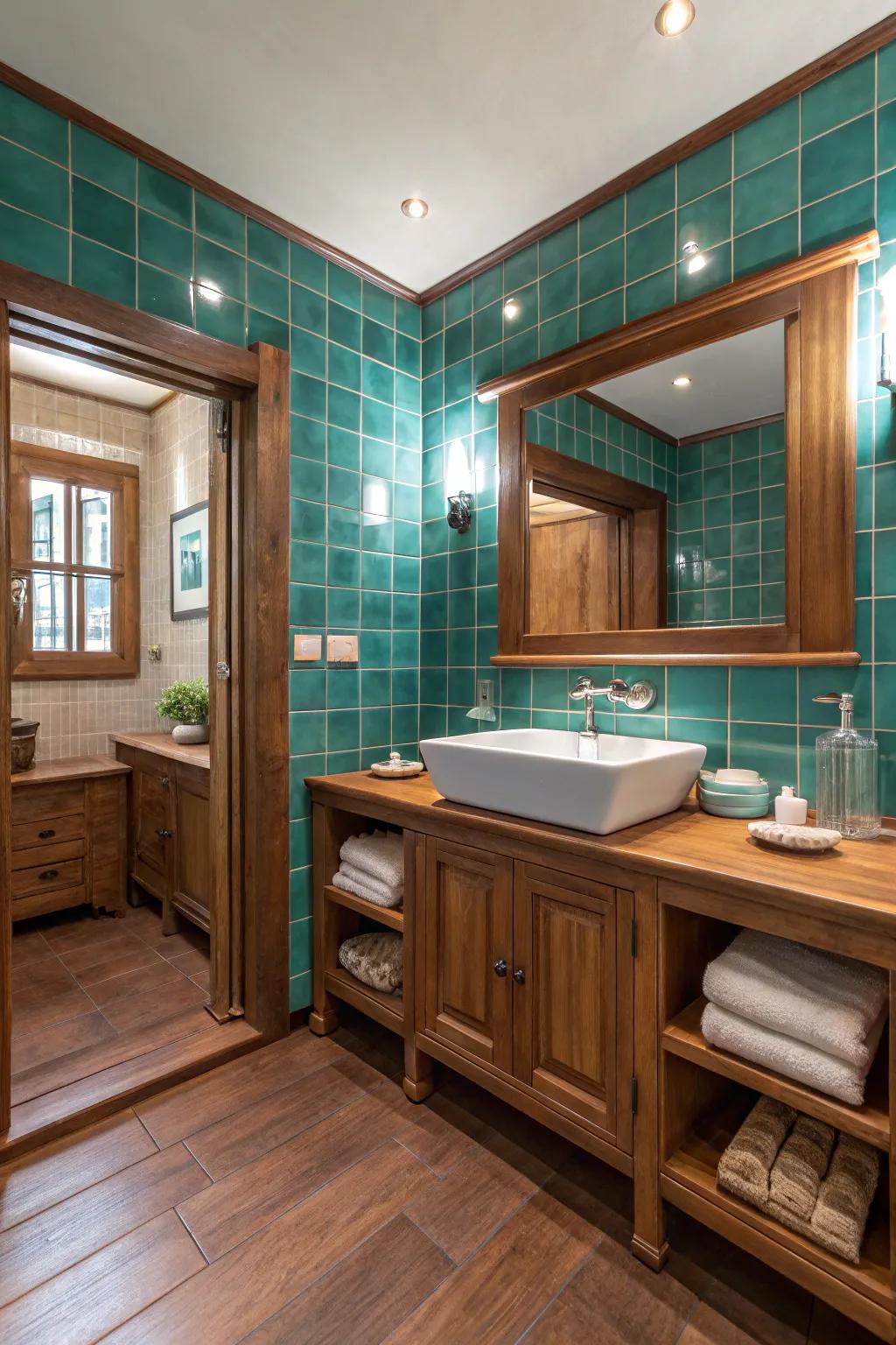 Turquoise ceramics and wood tones synergize for a rustic yet contemporary sensation.