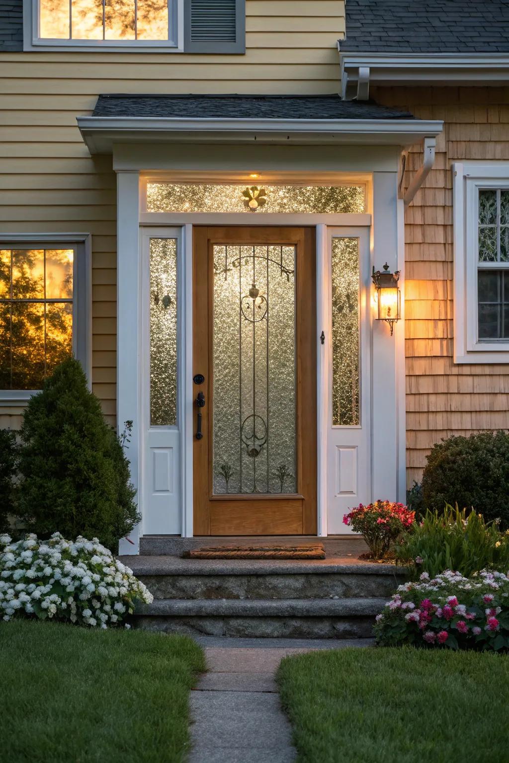 Patterned glass panels offer privacy and artistic flair.