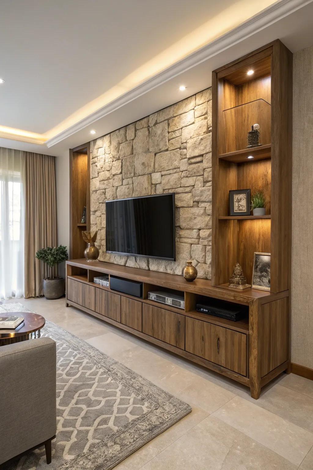 Wood and stone accent creates a balanced, elegant vibe.