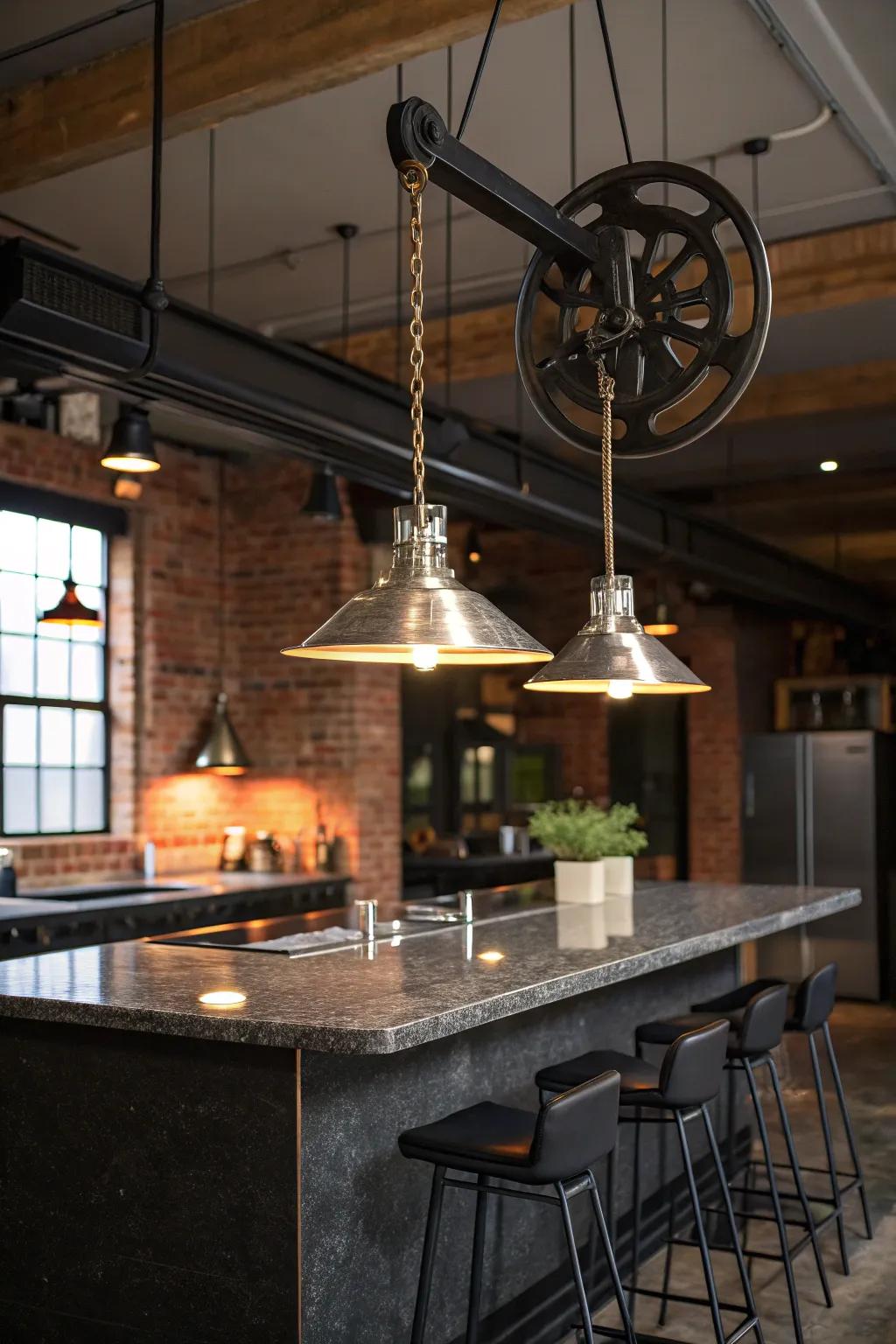Industrial edge with a lifting block pendant lamp.