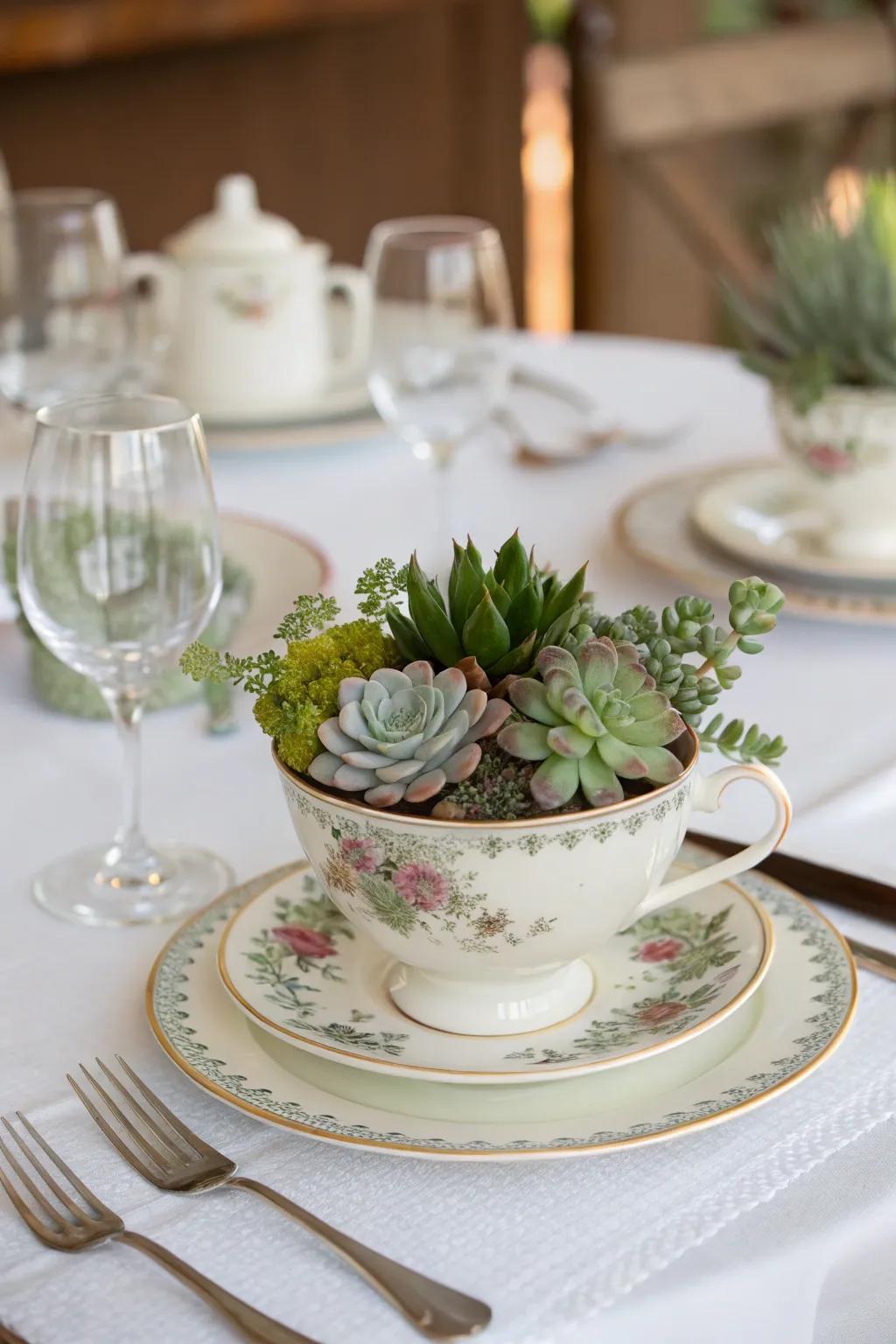 Vintage teacups loaded with succulents offer nostalgic appeal.