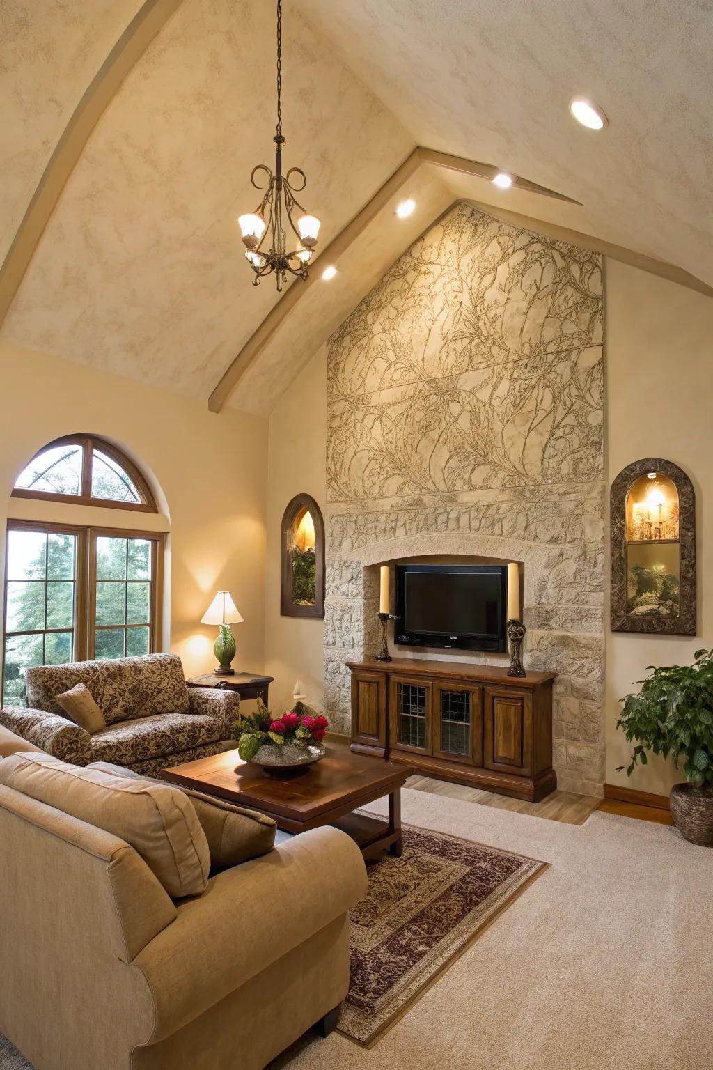 Living room with vaulted ceiling and stucco textured feature wall