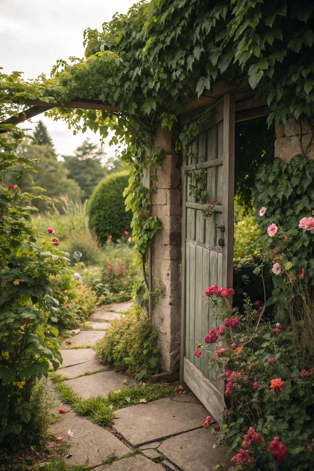 A concealed garden door that encourages curiosity and exploration.