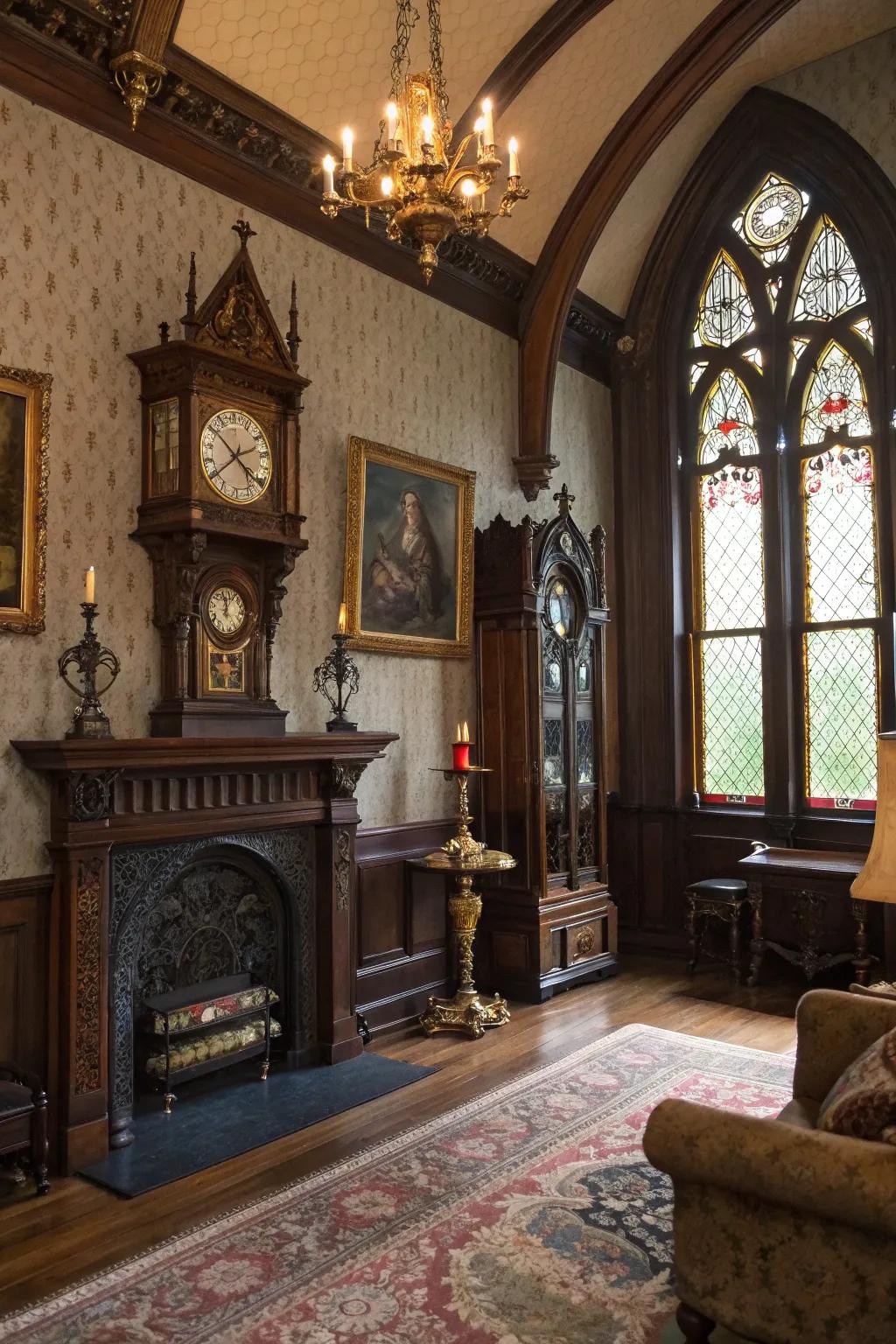 Vintage ornamentation accents append old-world allure.