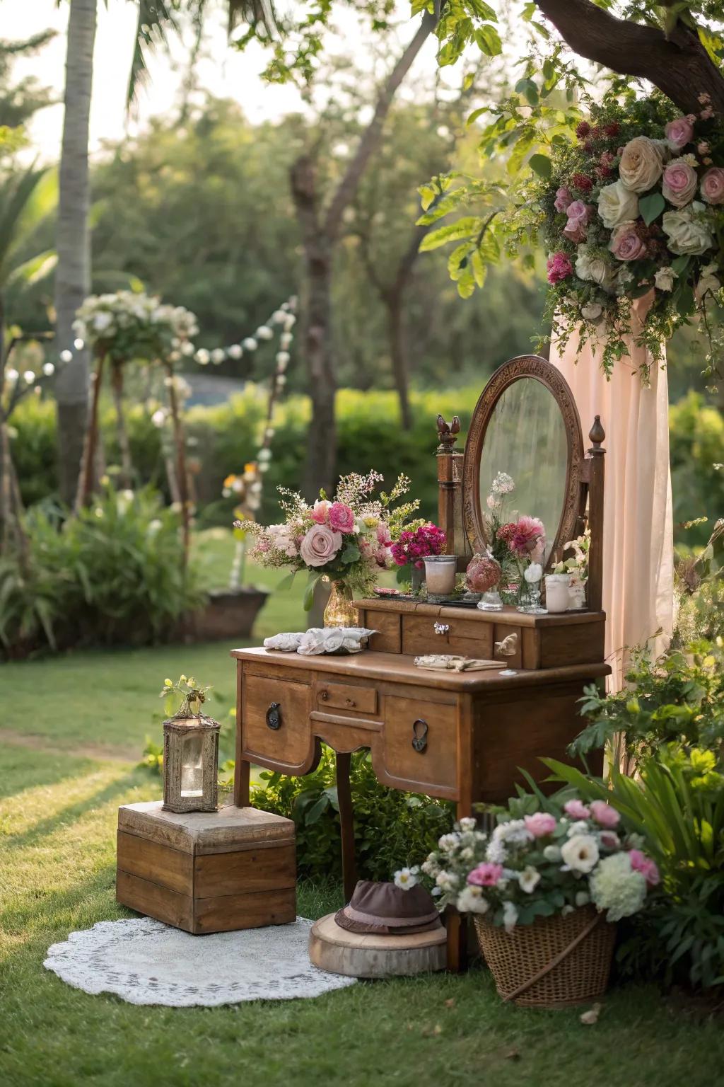 An outdoor vanity arrangement contributes a unique and elegant hideaway in your garden.
