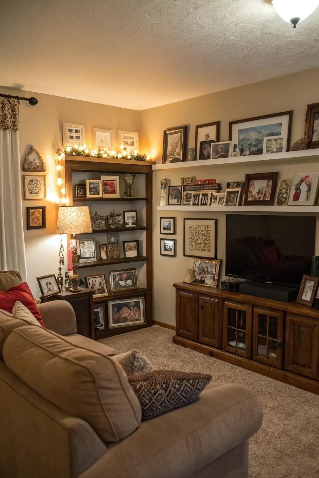 Personal details infuse warmth and a sense of home into a neutral living area.