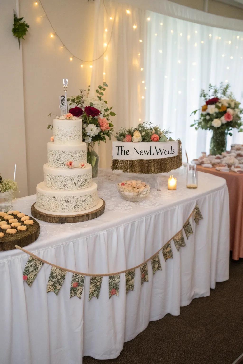 A personalized banner introducing charm to the wedding cake display.