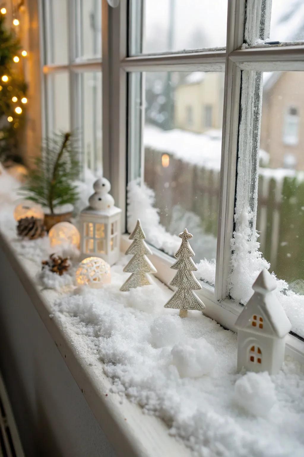 A snowy pane scene conveys whimsical winter charisma indoors.