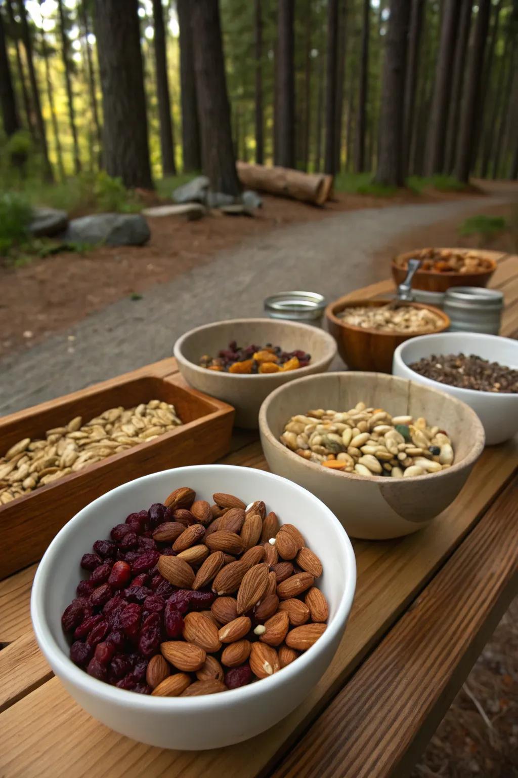 A woodland trail mix station offers a fun and interactive snack option.