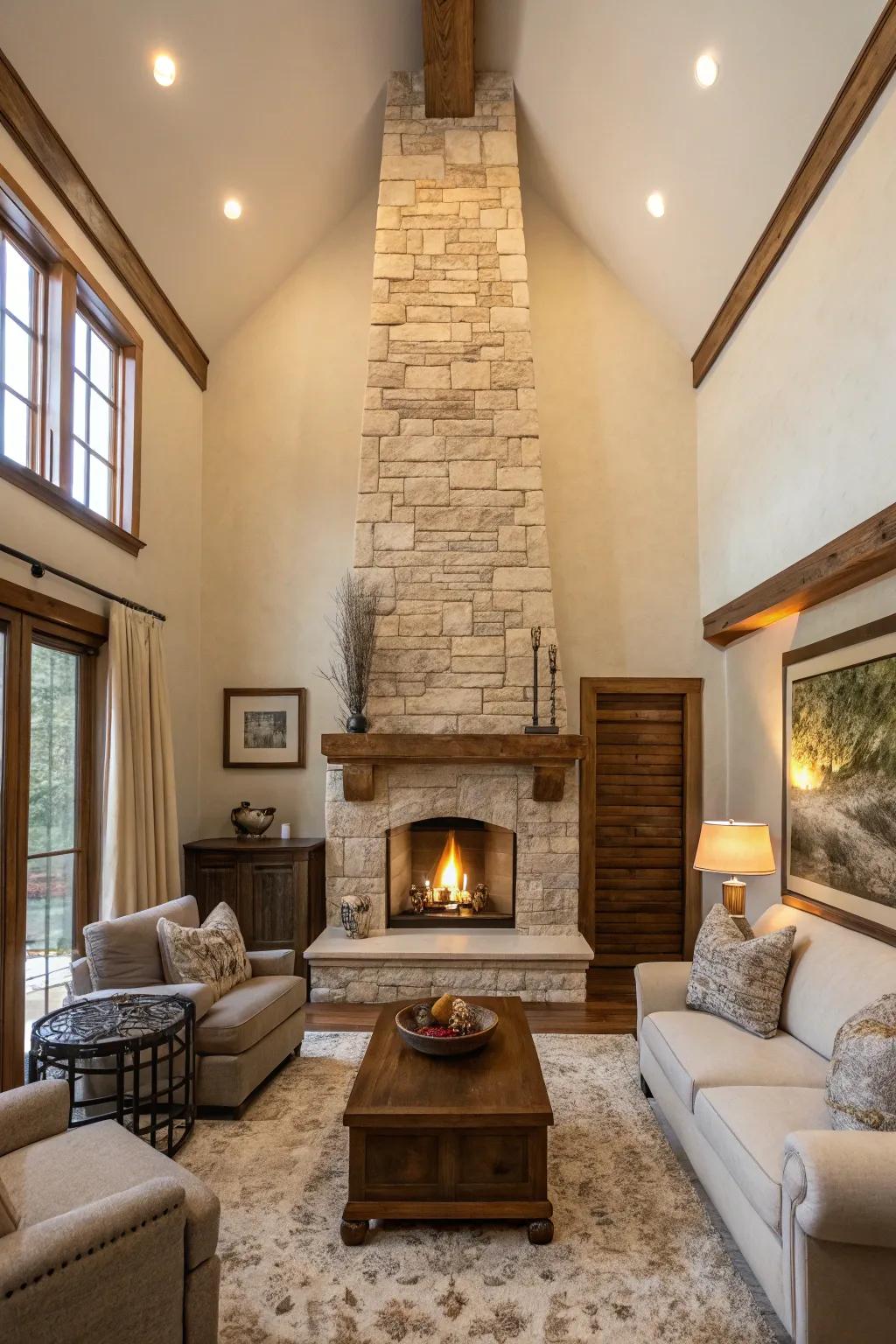 A tall fireplace design draws the eye upward, introducing architectural elegance to your living space.