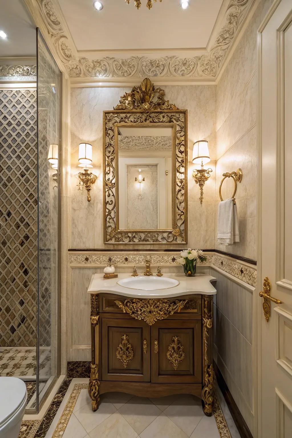 An ornate mirror enhances the spatial perception of a powder room.