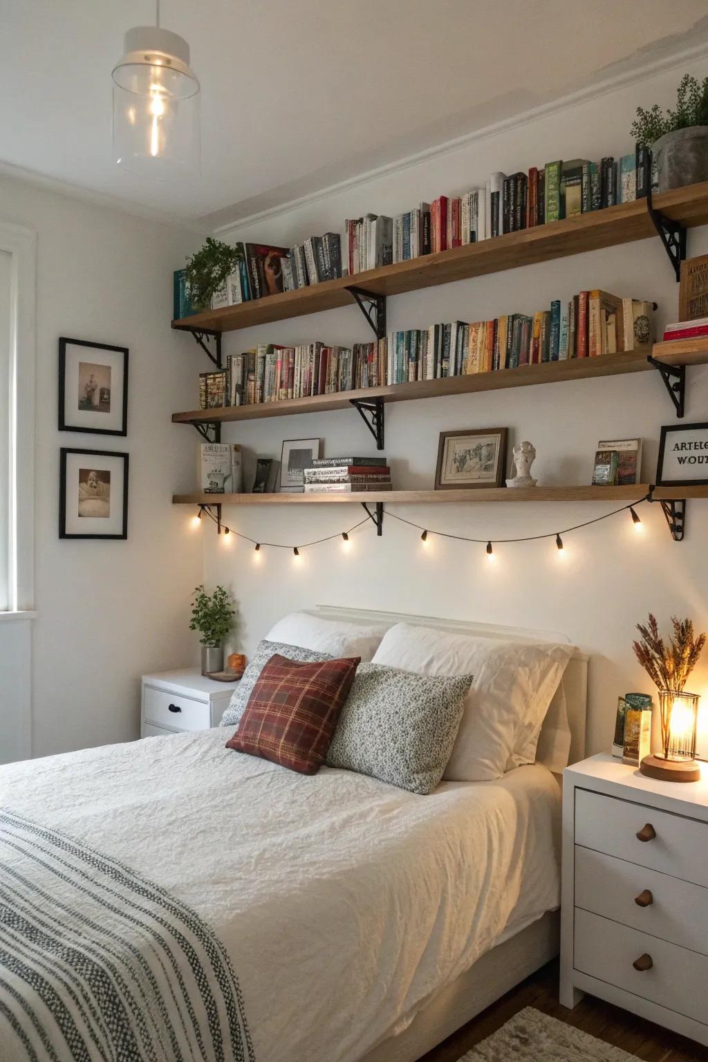 Practicality and sophistication are combined with floating shelves.