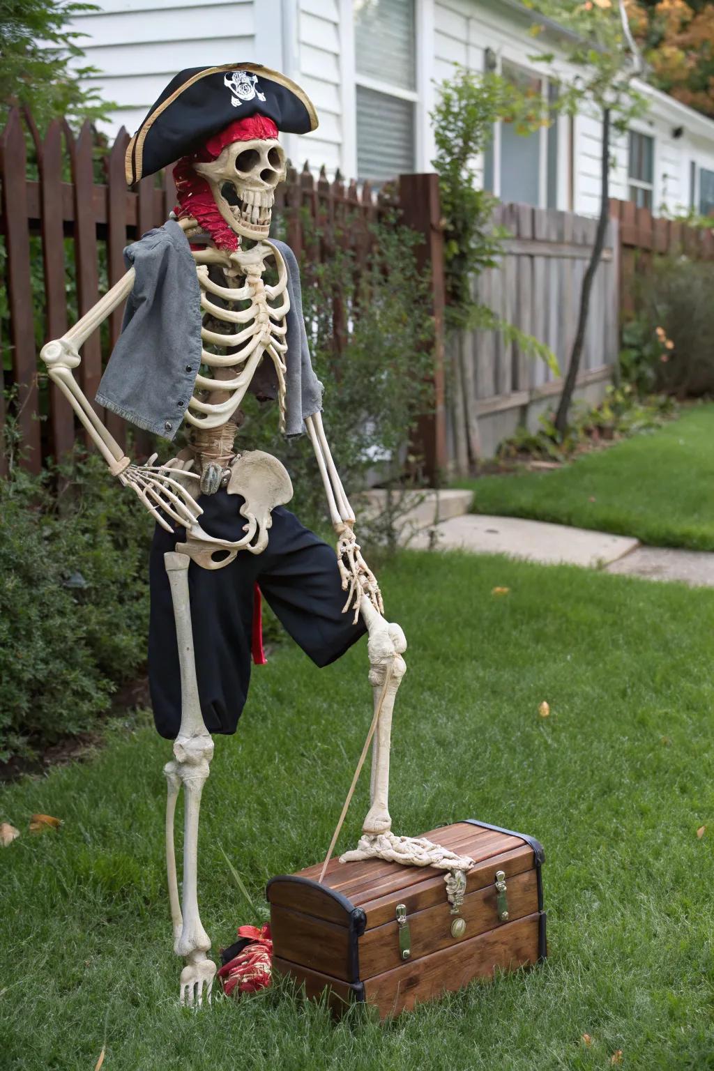 A pirate-themed skeleton is all set to navigate the Halloween waters.