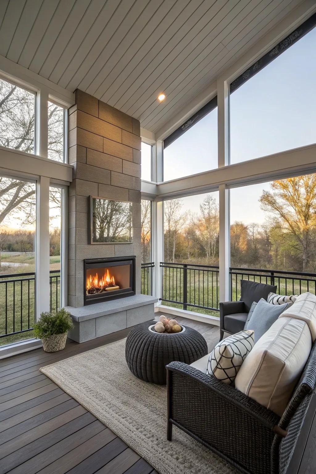 A fashionable gas fireplace adding a touch of warmth to the porch.