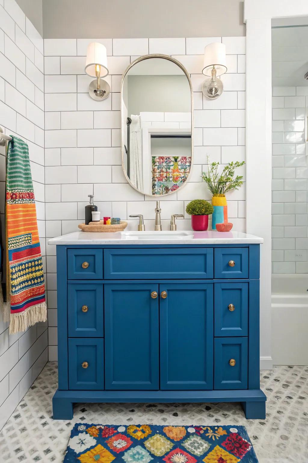 Create an impression using a daring blue vanity.