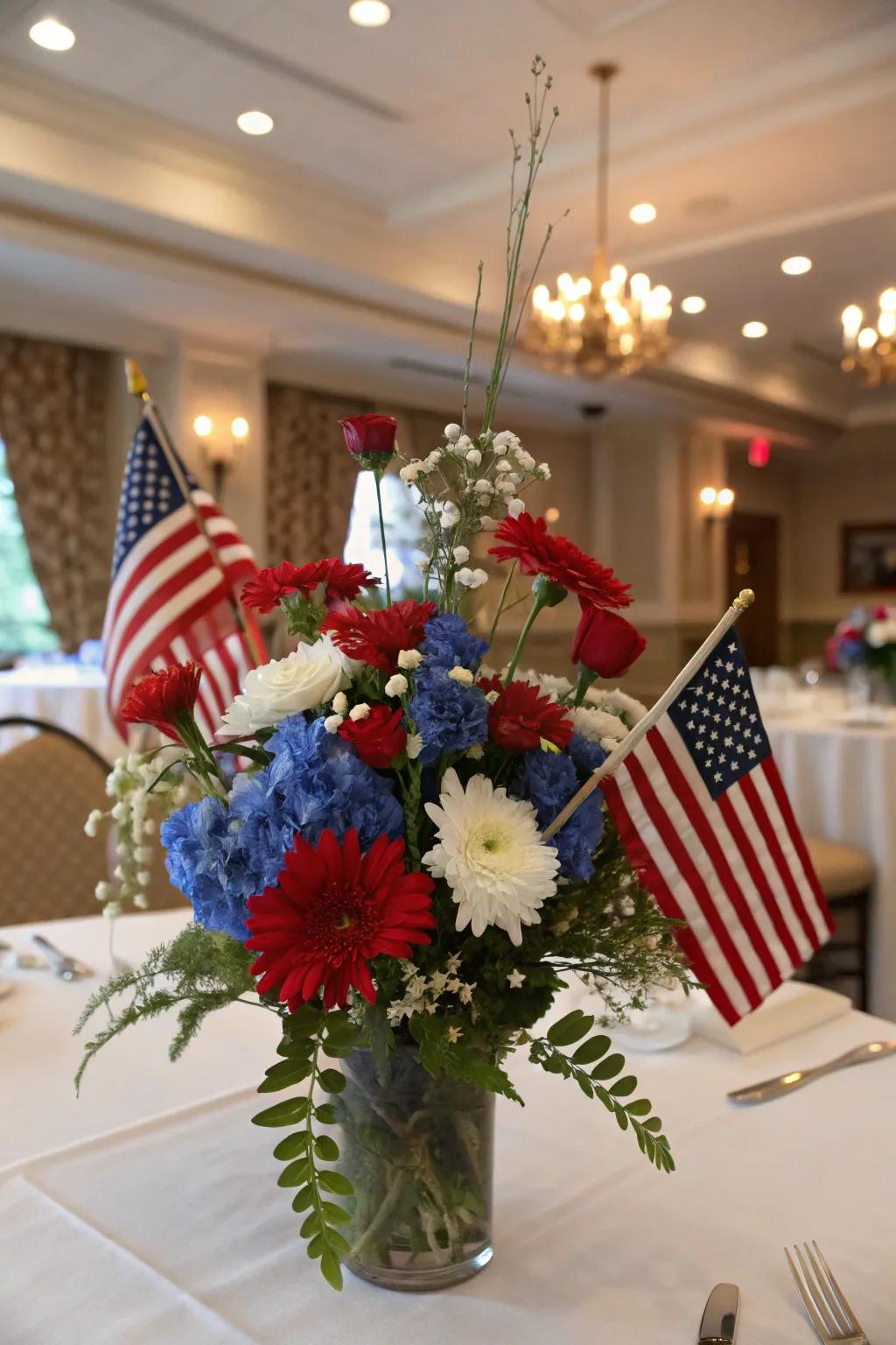 Floral centerpieces with flags add patriotic flair to your table.