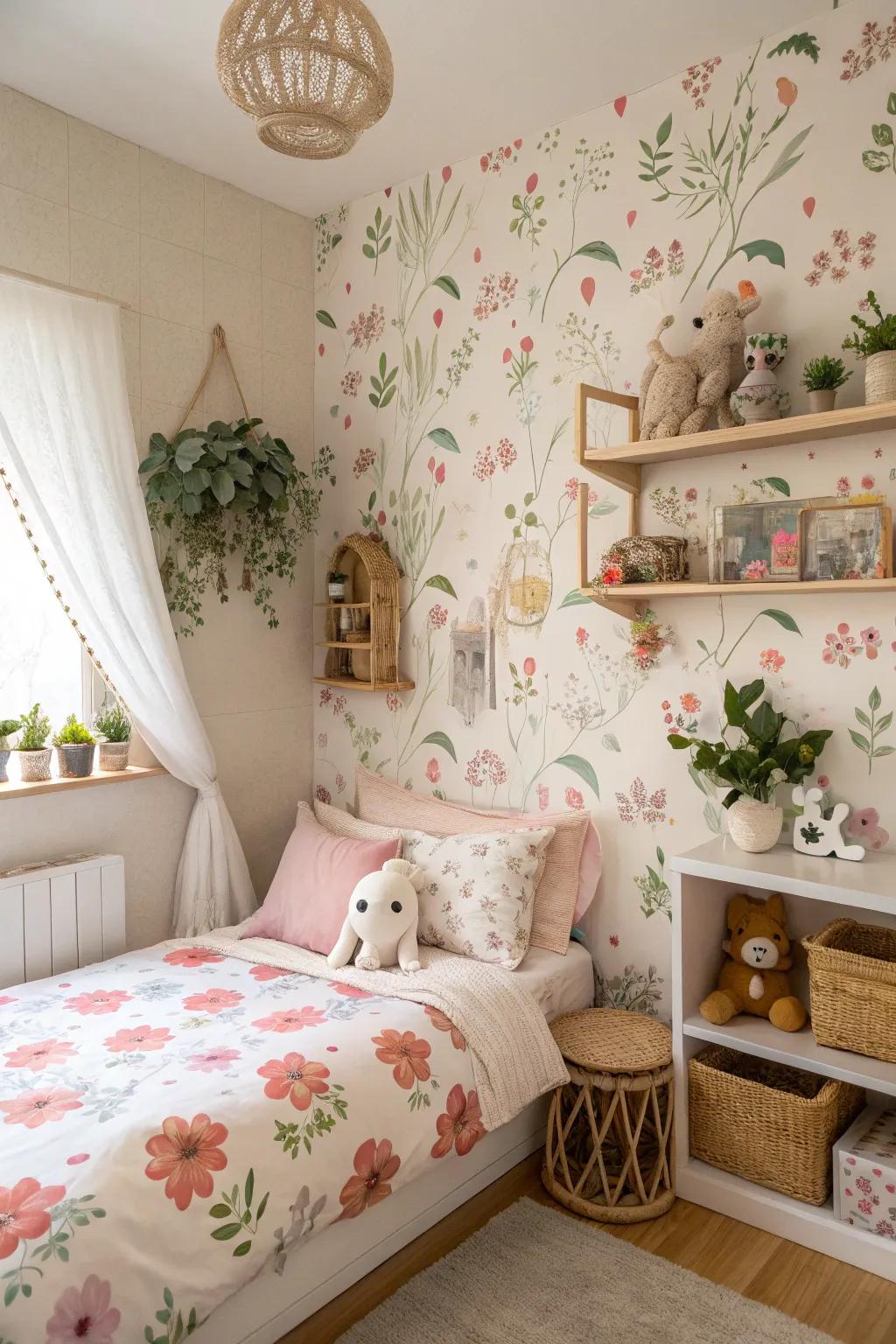 A peaceful bedroom showcasing floral and nature themes for a hint of serenity.