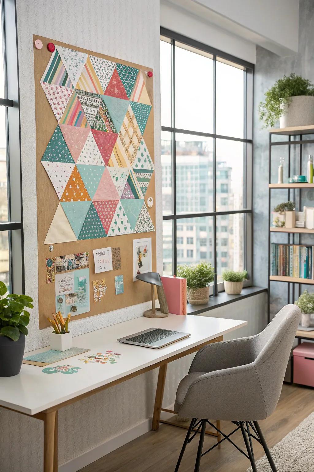 Angled layouts on a bulletin board utilizing vibrant adhesive strips.