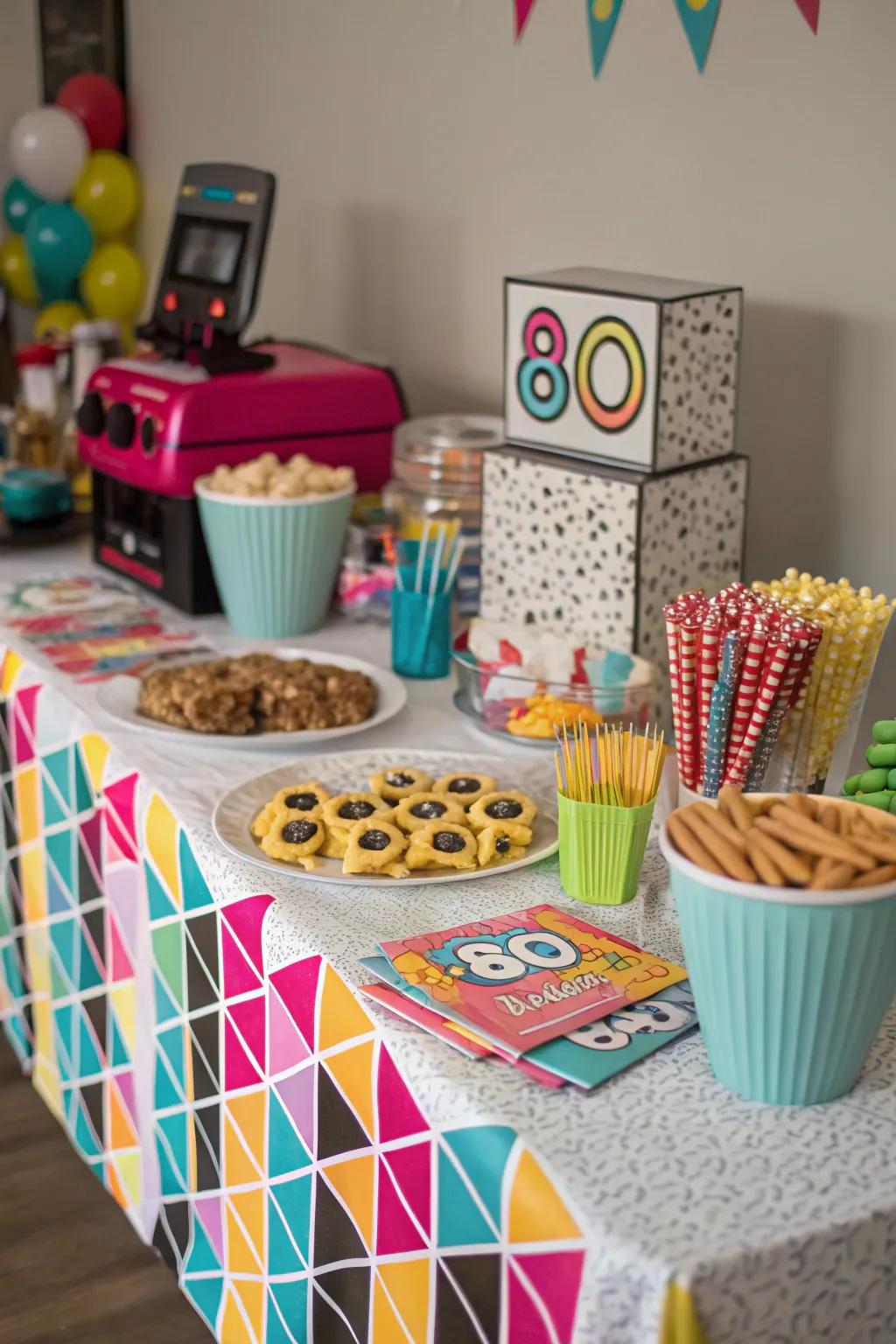 Geometric patterns on fabrics animate the 80s visual style.