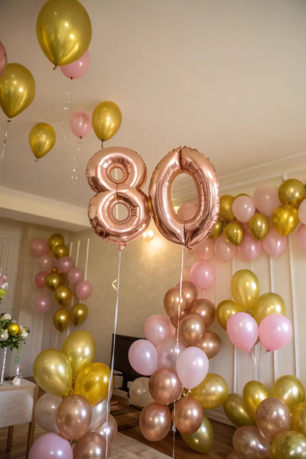 A space adorned with air-filled spheres in metallic yellow and reddish pink, commemorating 80 years.