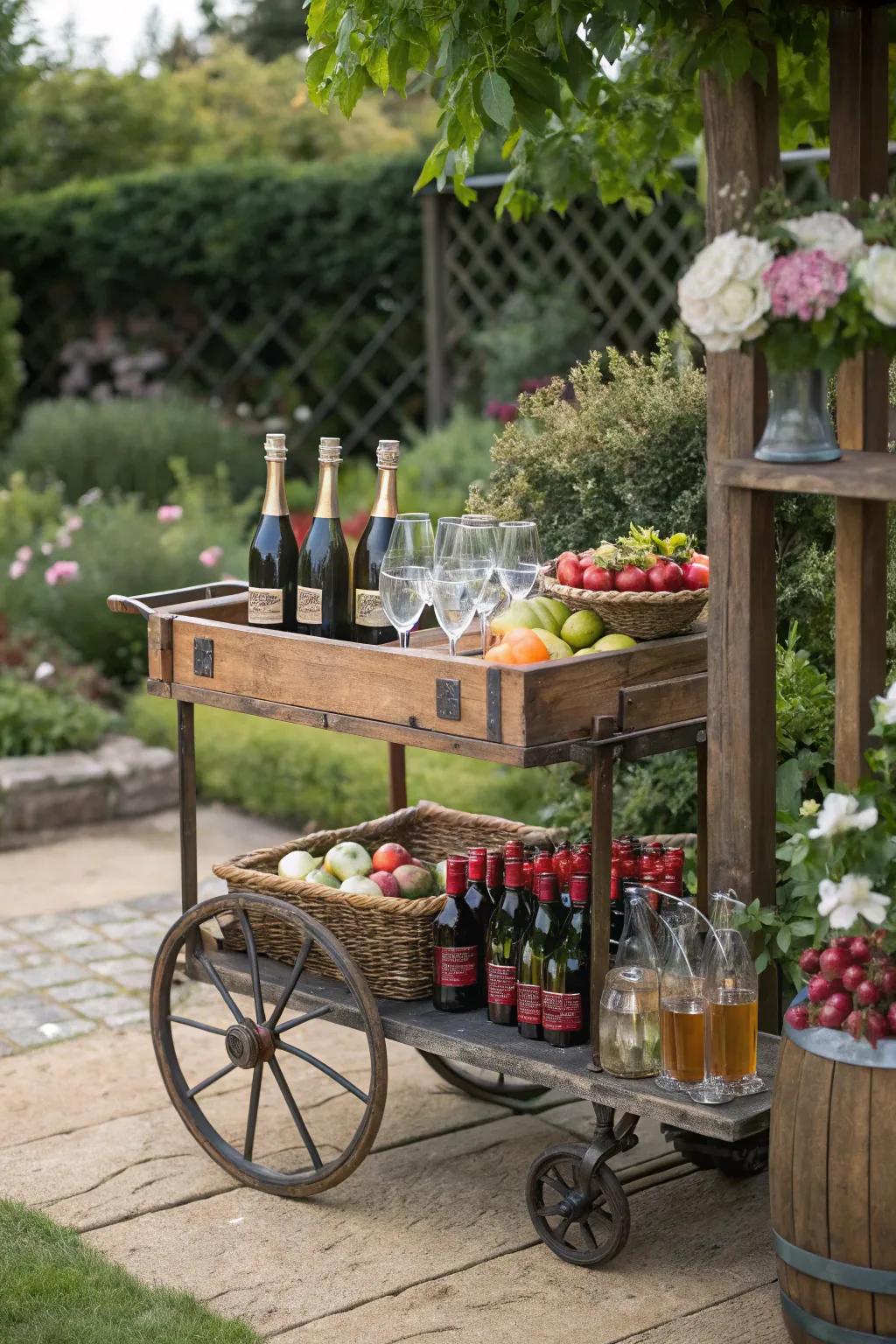 A vintage garden trolley serves drinks at a garden celebration, giving it a charming vibe.