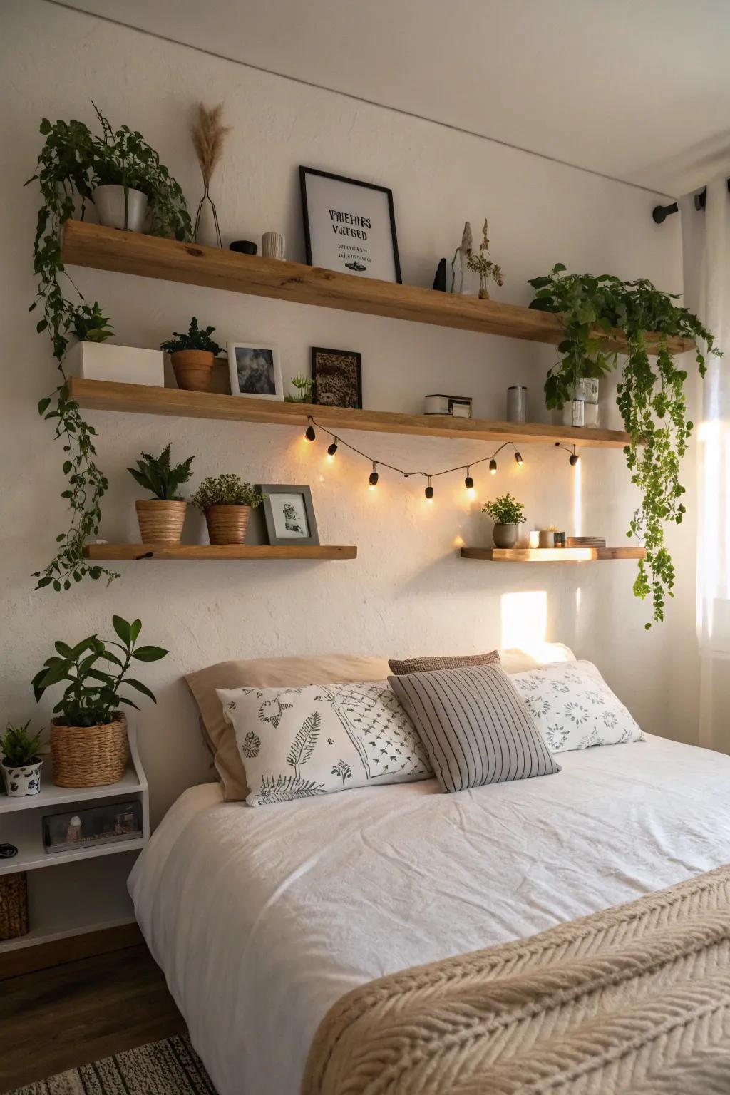 Hanging shelves present flexible display options above the bed.